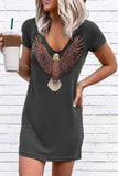 hulianfu hulianfu Loose V-Neck Eagle Print Short Sleeves Mini Dress