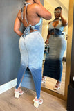 hulianfu Gradient Boyish Backless Denim Dress Suit