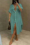 hulianfu Solid Color Casual Single Breasted Midi Dress