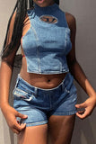 hulianfu Metal Decor Smart Strappy Open Back Denim Camisole