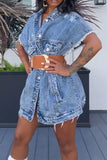 hulianfu Solid Color Chic Denim Jacket with Belt