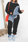 hulianfu Denim Patchwork Sporty Pant Suit