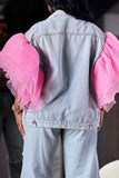 hulianfu Patchwork Tulle Ruffle Sleeve On-trend Denim Coat