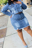 hulianfu Beaded Decor Elegant Ripped Denim Dress Suit