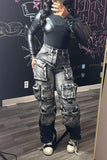 hulianfu Washed Gradient Stylish Multi Pocket Jeans