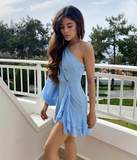 hulianfu Elegant Short One Shoulder Chiffon Evening Dresses A-Line Sky Blue Ruffled Cocktail Party Dress Robes de soirée for Women