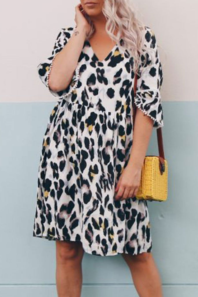 hulianfu hulianfu V Neck Leopard Printed Knee Length A Line Dress