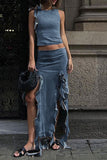 hulianfu Solid Color Girly Ruffles High Split Denim Dress Suit