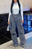 hulianfu Solid Color Cool Multi Pocket Wide Leg Jeans