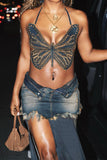 hulianfu Zig Zag Butterfly Beading Rocking Lace-Up Denim Vest