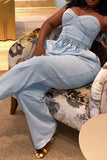 hulianfu Denim Girly Bandeau Pant Suit