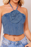 hulianfu 3D Flower Decor Halter Collar Smart Denim Camisole