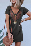 hulianfu hulianfu Loose V-Neck Eagle Print Short Sleeves Mini Dress