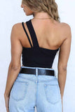 hulianfu Pure Color Sexy Single Shoulder Strap Hollow Tops