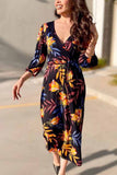 hulianfu hulianfu Stitching Flower Picture Double V-neck Midi Dress