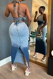 hulianfu Gradient Boyish Backless Denim Dress Suit