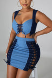 hulianfu Color Block Girly Keyhole Lace-Up Dress Suit