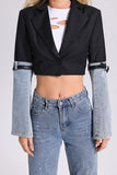 hulianfu Denim Patchwork Undeniable Belt Decor Blazer