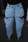 hulianfu Solid Color Hippy Cutout Design WashedJeans