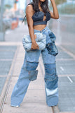 hulianfu High Waist Blue Smart Patch Pocket Jeans