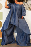 hulianfu Denim On-trend Irregular Top & Ruffle Pant Suit
