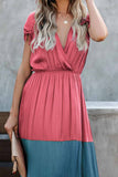 hulianfu hulianfu Summer Loose Multicolor Stitching V-Neck Short Sleeves Midi Dress