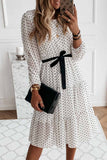 hulianfu hulianfu Elegant White Black Dot Print Round Neck Tie Midi Dress