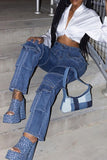 hulianfu Washed High Waist Retro Multi Pocket Jeans