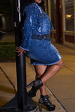 hulianfu Beaded Decor Elegant Ripped Denim Dress Suit