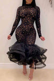 hulianfu Floral Lace Elegant See-Through Midi Dress