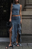 hulianfu Solid Color Girly Ruffles High Split Denim Dress Suit