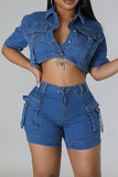 hulianfu Solid Color Modern Multi Pocket Denim Pant Suit