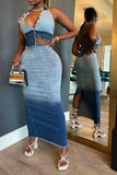 hulianfu Gradient Boyish Backless Denim Dress Suit