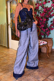 hulianfu Color Block Patchwork Casual Patch Pocket Jeans