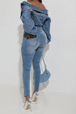 hulianfu Patchwork Off Shoulder Versatile Denim Jacket