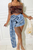 hulianfu 3D Flower Decor Sweet Tie Dye Denim Skirt