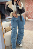 hulianfu Solid Color Cool Multi Pocket Wide Leg Jeans
