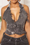 hulianfu Patchwork Hot Lace-Up Backless Denim Camisole