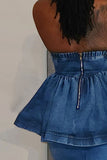 hulianfu Solid Color Patchwork Girly Ruffle Denim Blouse