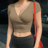 hulianfu Blouse Women V Neck Shrot Sleeve Shirts Summer Elegant Office Ladies Slim Fit Off Shoulder Solid Color Womens Sexy Tops