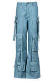 hulianfu Solid Color Classic Multi Pocket Bell Bottoms Jeans