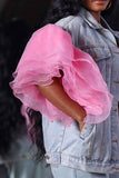 hulianfu Patchwork Tulle Ruffle Sleeve On-trend Denim Coat