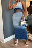 hulianfu Gradient Boyish Backless Denim Dress Suit
