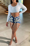 hulianfu Solid Color Feminine Bandage Denim Shorts
