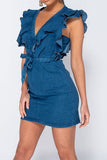Ruffle Design Stunning Belted Denim Mini Dress