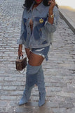 hulianfu Metal Decor Hollow-Out Modern Denim Jacket