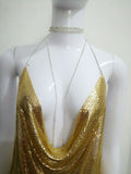 hulianfu Handmade Backless Sequin Metal Mesh Dress Women Chain Halter Rhinestone Chain Slit Night Club Birthday Party Dress Mini