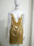 hulianfu Handmade Backless Sequin Metal Mesh Dress Women Chain Halter Rhinestone Chain Slit Night Club Birthday Party Dress Mini