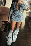 Washed Denim Casual Multi Pocket Mini Dress With Leg Warmers