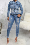 hulianfu Beaded Decor Girly Burrs Denim Coat